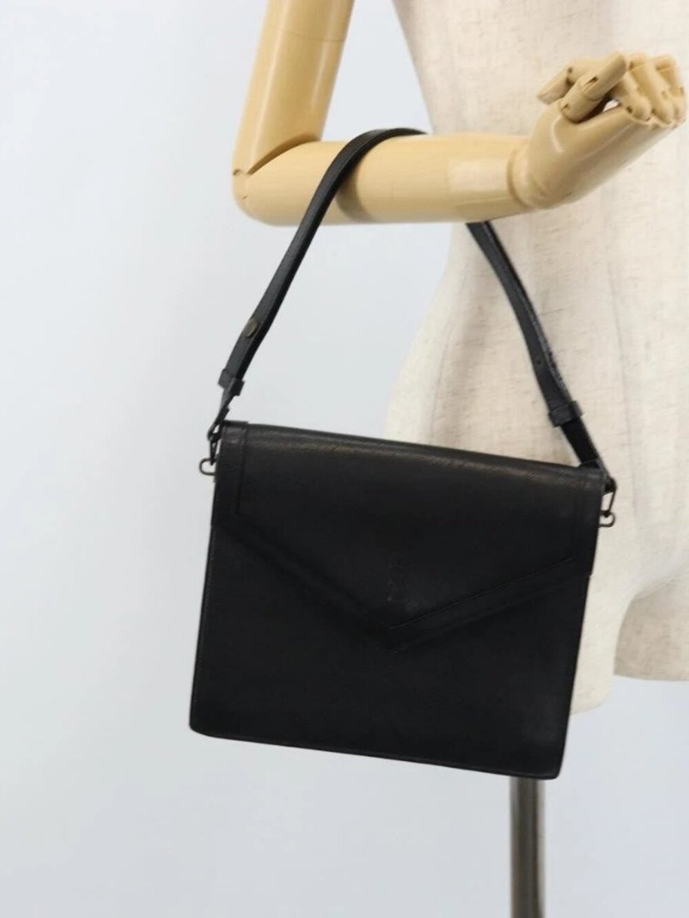 SAINT LAURENT Hand Bag Leather Black Auth 166862